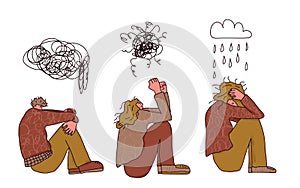 Mental disoder. Young people sitting on the floor