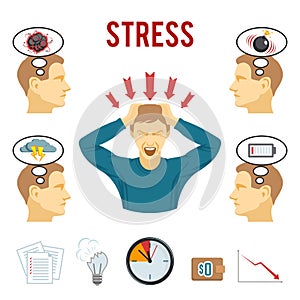 Mental disorder and stress icons set