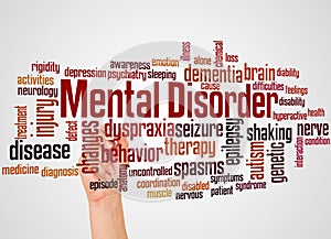 Mental disorder word cloud and hand with marker concept photo