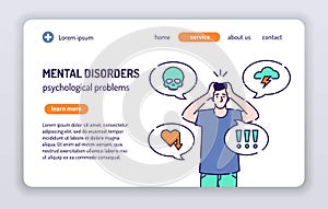 Mental disorders web banner. Adult man in depressed. Isolated cartoon character on a white background. Concept for web page,