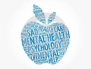 Mental health apple word cloud, fitness, sport, health concept background