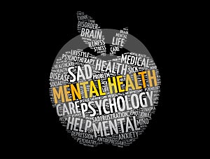 Mental health apple word cloud, fitness, sport, health concept background