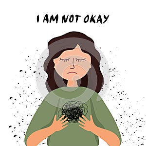 Mental Health Awareness. Illustration of a woman in depressive state of mind. Psychology illustration. Cartoon sadness girl. I am