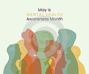 Mental Health Awareness Month Banner with Woman man children Silhouette. Psychological well-being concept with leaves and ribbon.