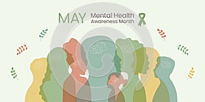 Mental Health Awareness Month Banner with Woman man children Silhouette. Psychological well-being concept with leaves and ribbon.