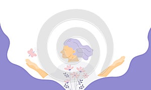 Mental health background for banner, woman smiling and happy emotion with flowers and butterfly. flat vector illustration banner