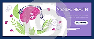 Mental health and brain activity and functions banner, flat vector illustration.