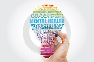 Mental health bulb word cloud collage with marker, health concept background