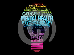 Mental health bulb word cloud, health concept