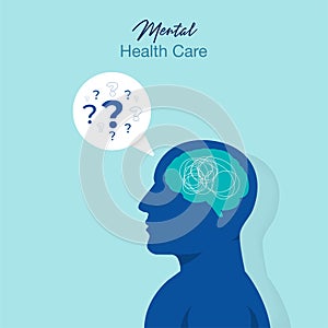 Mental health care design concept. Human head with brain, bubble and question marks symbol. Psycho therapy vector illustration.