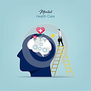 Mental health care treatment vector illustration concept. Man watering brain plant symbol vector illustration