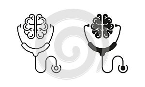 Mental Health Concept, Human Brain and Stethoscope Line and Silhouette Icon Set. Health Care Symbol Collection on White