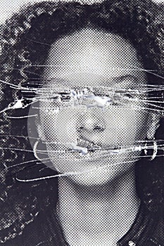 Mental Health Concept With Monochrome Picture Of Woman Defaced And Torn photo