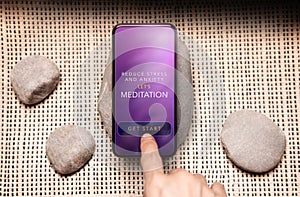 Mental Health Concept. Person Using Tech to Healing and Practicing Mind. Self Care and Soothing Life. Meditation App show on