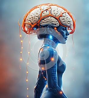 mental health concept supersize brain with orange neural zones and flowers growing on a tranquil background, beautiful blue cyborg