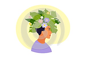Mental health, happiness, harmony concept. Happy man head with flowers inside. Mindfulness, positive thinking, self care idea.