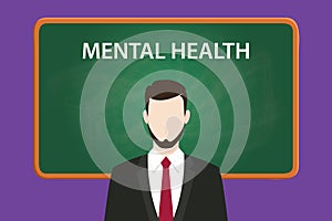 Mental health illustration with a bearded man wearing black suit in front of green chalk board and white text