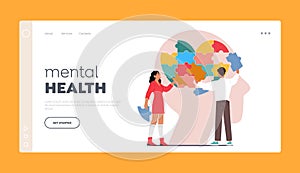 Mental Health Landing Page Template. Psychology Specialist Doctors Characters Work Together To Fix Brain Puzzle in Head