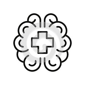 Mental Health Line Icon. Human Brain with Cross Shape. Psychology Care, Medical Aid Linear Pictogram. Psychological