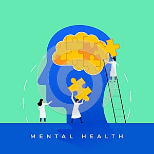 Mental health medical treatment vector illustration. Psychology specialist doctor work together to fix brain puzzle head for world