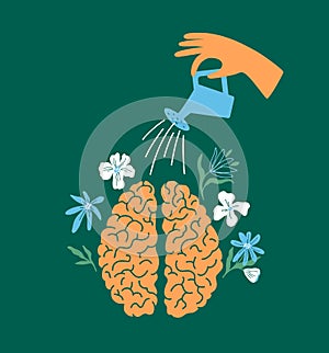 Mental health, mind or psychology therapy vector illustration with human hand watering flowers in brain