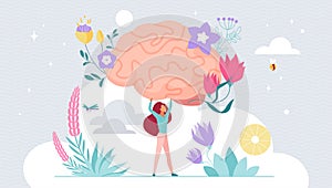 Mental health, positive mindset, selfcare, tiny girl holding human brain in flowers photo