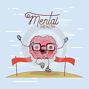 Mental health poster of brain cartoon with glasses running and pass finishing line and background light blue