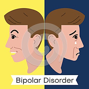 Mental health problem illustration. Vector image of a happy and sad face. Opposite emotions.