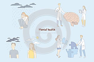 Mental health problem, scientists, researchers study human brain functioning, psychology of personality banner