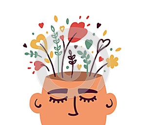 Mental health or psychology concept with flowering human head