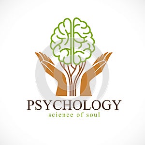 Mental health and psychology concept, vector icon or logo design. Human anatomical brain in a shape of green tree with tender