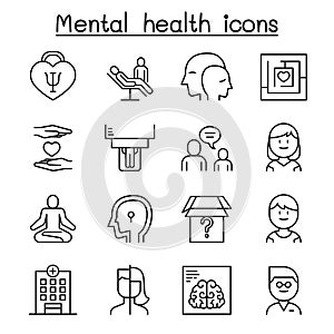 Mental health & psychology icon set in thin line style