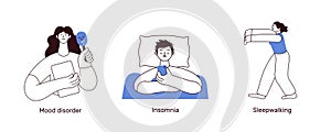 Mental health and psychology illustrations. Mood disorder, Insomnia, Sleepwalking. Black and white modern flat vector illustration