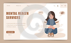 Mental health service. Landing page template. Lonely muslim woman sitting on floor and hugging knees. Depressed teenager