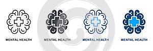 Mental Health Silhouette and Line Icon Set. Emotional Support Symbol Collection. Human Brain with Cross Shape, Medical