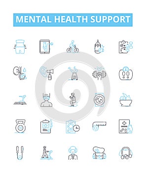 Mental health support vector line icons set. Counseling, Therapy, Psychotherapy, Mentalcare, Treatments, Wellness