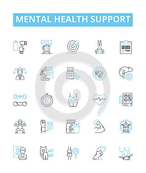 Mental health support vector line icons set. Counseling, Therapy, Psychotherapy, Mentalcare, Treatments, Wellness