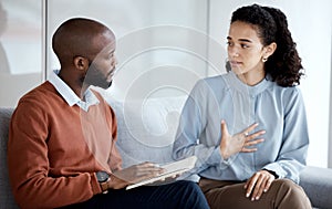 Mental health, therapy and counselling consultation with woman patient and psychologist. Person talking to man therapist