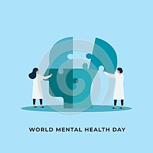 Mental health treatment vector illustration. Psychology specialist doctor work together to fix connecting human head jigsaw piece