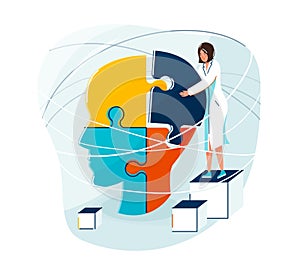 Mental health vector illustration. Female doctor connecting jigsaw piece of a head together. Personality support design