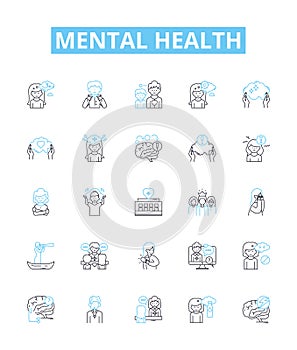 Mental health vector line icons set. Mental, health, psychological, wellbeing, stress, anxiety, depression illustration