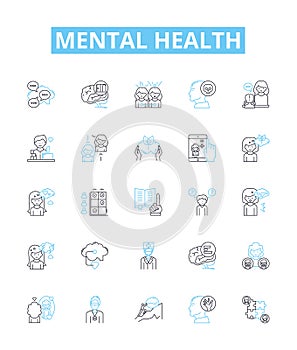 Mental health vector line icons set. Mental, health, psychological, wellbeing, stress, anxiety, depression illustration