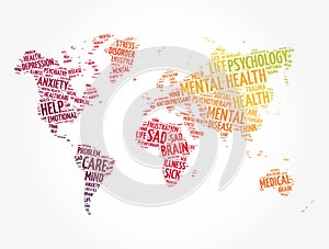 Mental health word cloud in shape of world map, social concept background