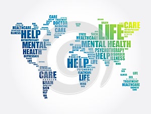 Mental health word cloud in shape of world map, social concept background
