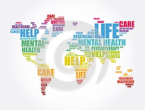 Mental health word cloud in shape of world map, social concept background