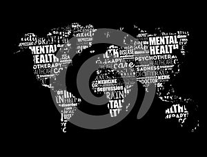 Mental health word cloud in shape of world map, social concept background