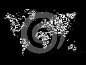 Mental health word cloud in shape of world map, social concept background