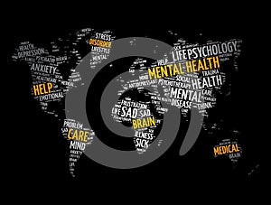 Mental health word cloud in shape of world map, social concept background