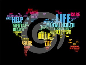 Mental health word cloud in shape of world map, social concept background