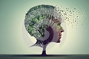 Mental Wellness Positivity and Creativity concept with Head in a shape of a tree with green leafs. Ai generated